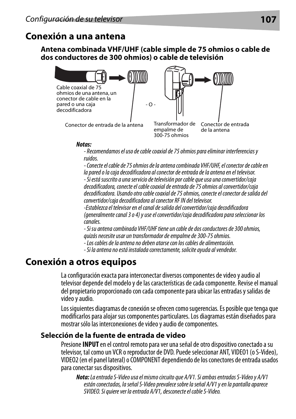 Conexión a una antena, Conexión a otros equipos, Selección de la fuente de entrada de video | 107 conexión a una antena, Configuración de su televisor | Dynex DX-R20TV User Manual | Page 107 / 142