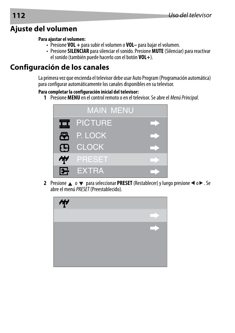 Ajuste del volumen, Para ajustar el volumen, Configuración de los canales | Main menu | Dynex DX-R20TV User Manual | Page 112 / 142