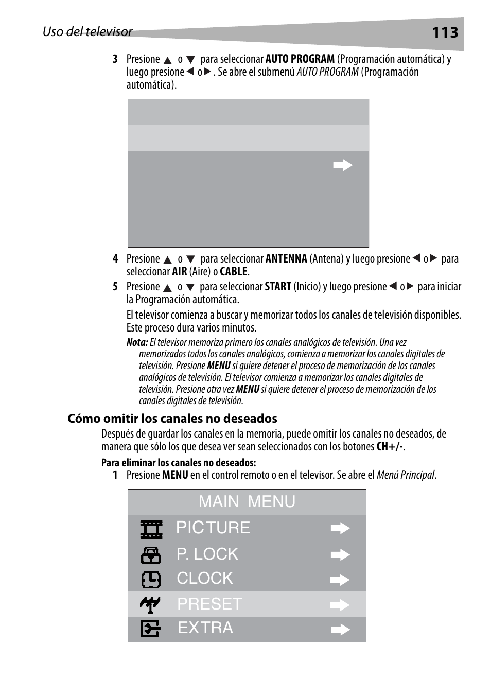 Cómo omitir los canales no deseados, Para eliminar los canales no deseados, Antenna start au to program air main menu | Ture p. lock clock preset extra | Dynex DX-R20TV User Manual | Page 113 / 142