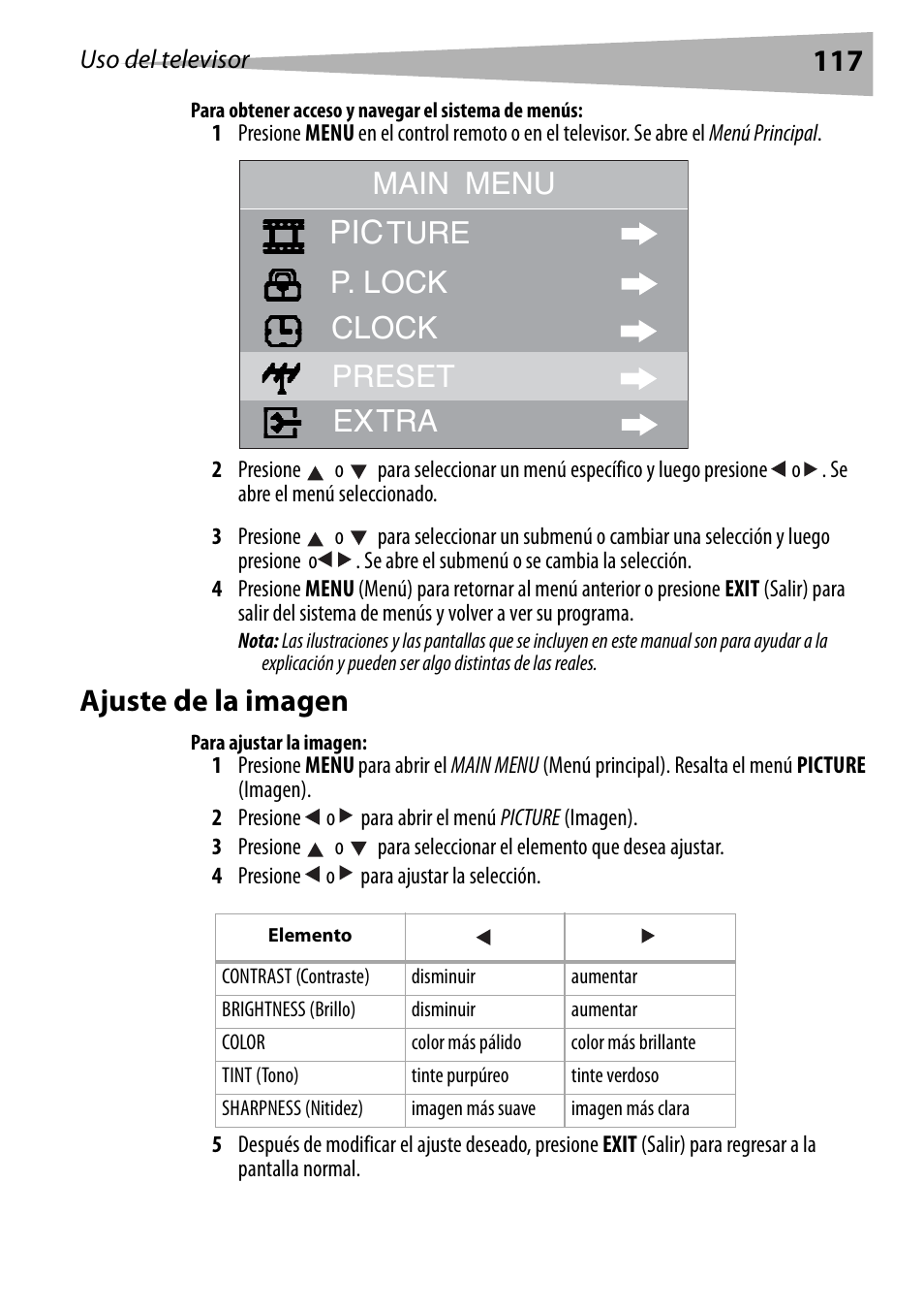 Para obtener acceso y navegar el sistema de menús, Ajuste de la imagen, Para ajustar la imagen | Main menu, Ture p. lock clock preset extra | Dynex DX-R20TV User Manual | Page 117 / 142