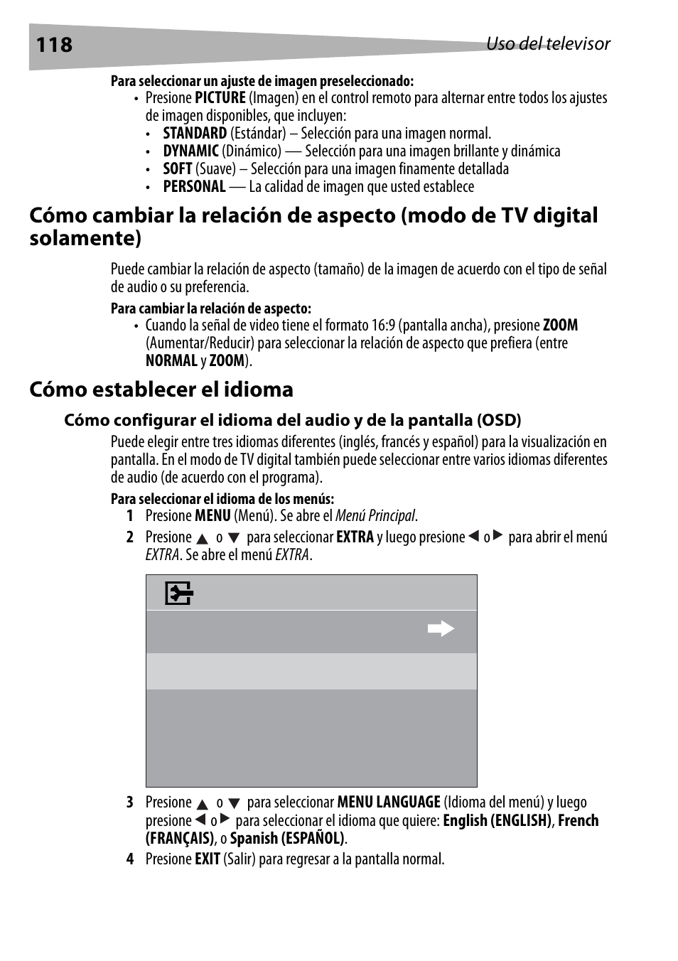 Para cambiar la relación de aspecto, Cómo establecer el idioma, Para seleccionar el idioma de los menús | Dynex DX-R20TV User Manual | Page 118 / 142