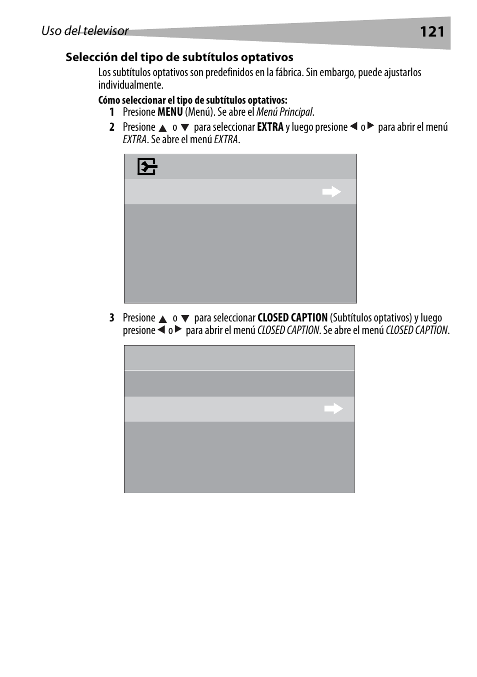 Selección del tipo de subtítulos optativos, Cómo seleccionar el tipo de subtítulos optativos | Dynex DX-R20TV User Manual | Page 121 / 142