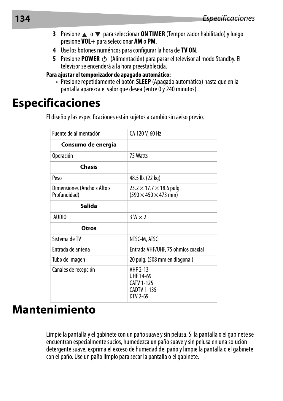 Para ajustar el temporizador de apagado automático, Especificaciones, Mantenimiento | Limpieza de su televisor, Especificaciones mantenimiento | Dynex DX-R20TV User Manual | Page 134 / 142