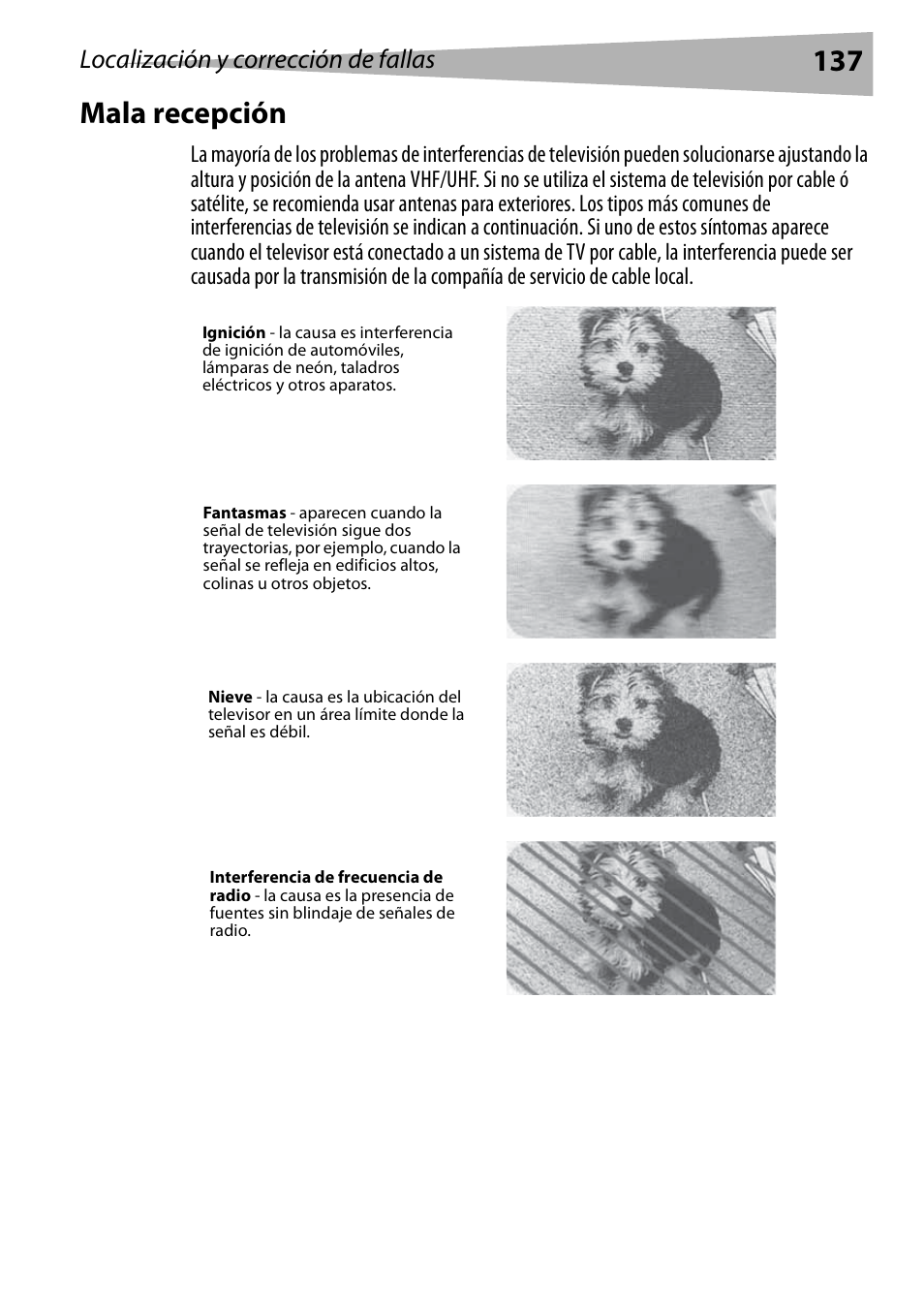 Mala recepción, 137 mala recepción, Localización y corrección de fallas | Dynex DX-R20TV User Manual | Page 137 / 142