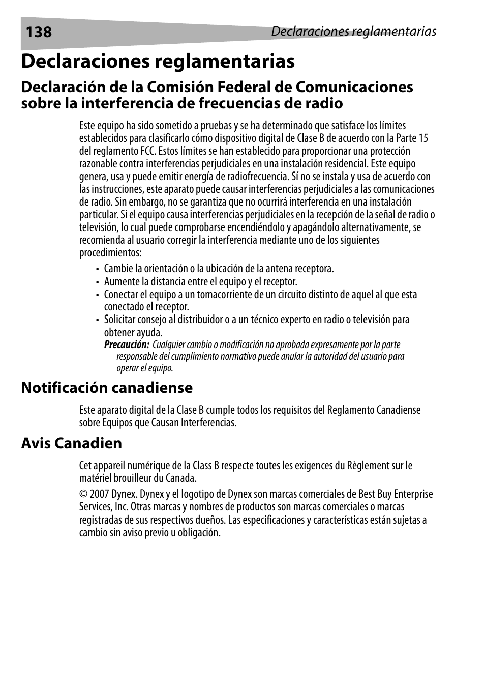 Declaraciones reglamentarias, Notificación canadiense, Avis canadien | Dynex DX-R20TV User Manual | Page 138 / 142