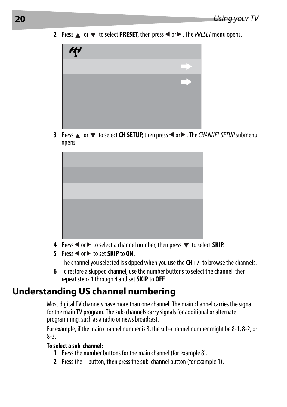 Understanding us channel numbering, To select a sub-channel | Dynex DX-R20TV User Manual | Page 20 / 142