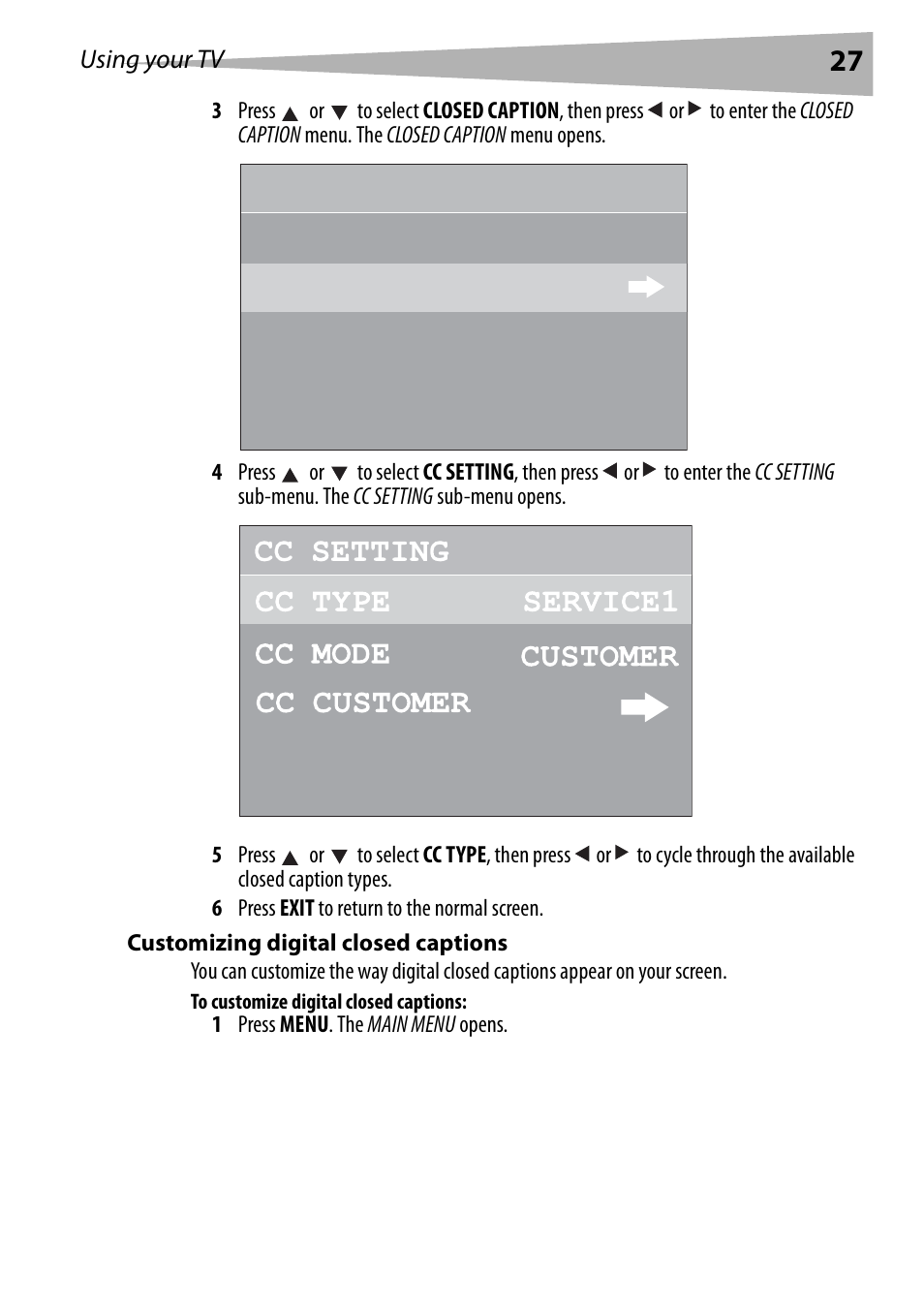 Customizing digital closed captions, To customize digital closed captions, Closed caption cc set ting on cc displ ay | Dynex DX-R20TV User Manual | Page 27 / 142