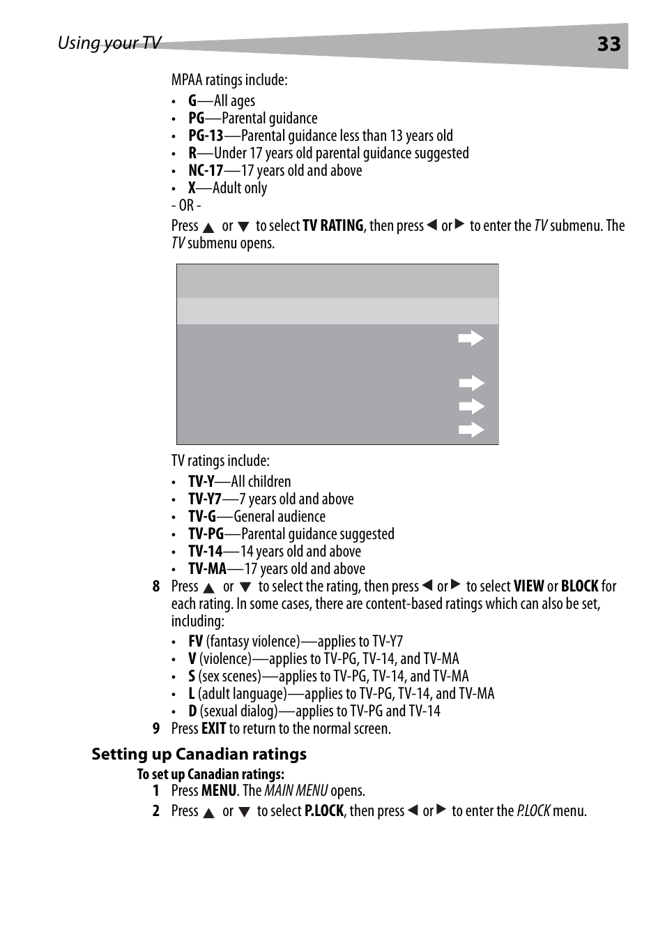 Setting up canadian ratings, To set up canadian ratings, Tv y y7 g pg 14 ma block block | Dynex DX-R20TV User Manual | Page 33 / 142