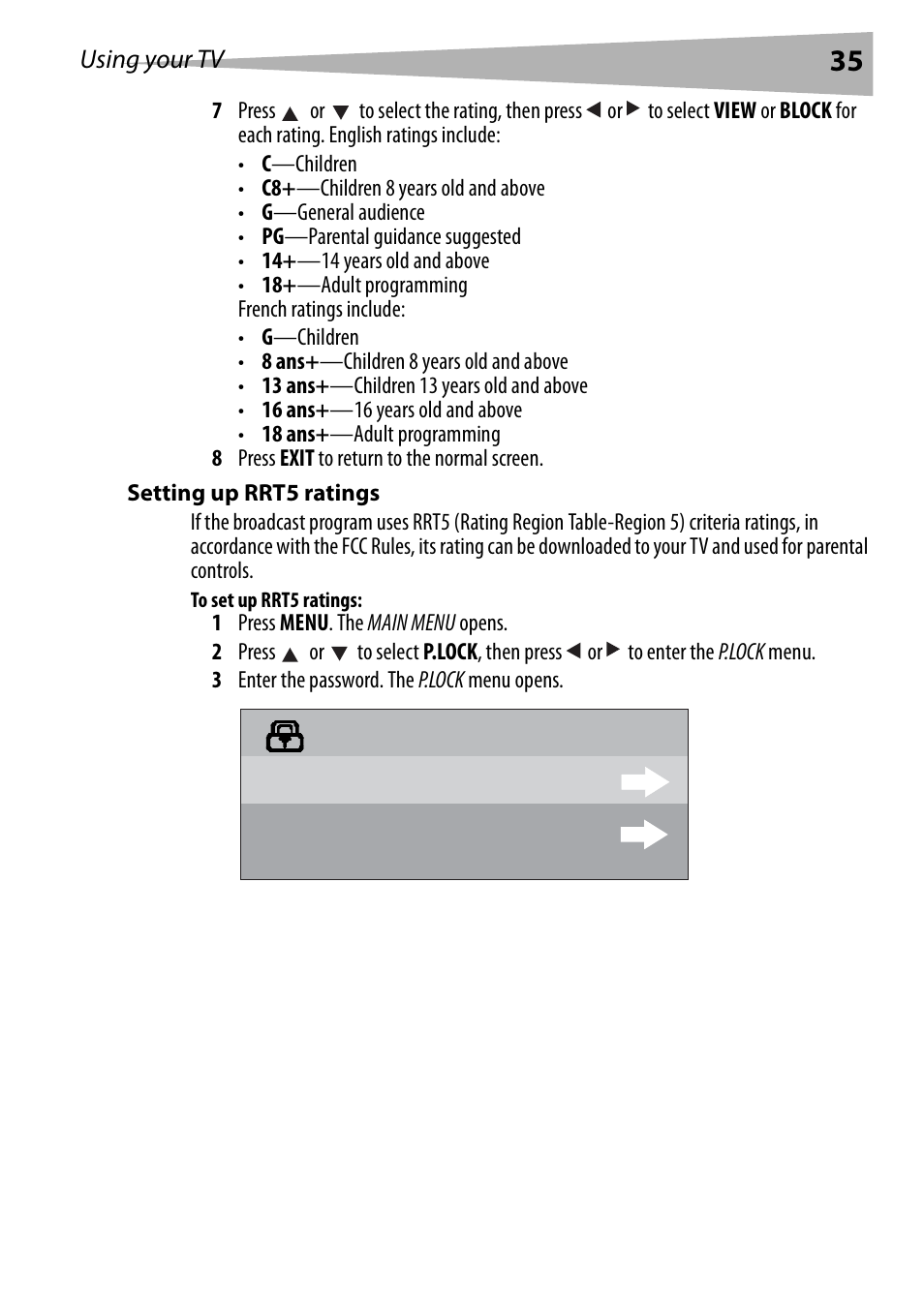 Setting up rrt5 ratings, To set up rrt5 ratings, Parental lock p.lock change password | Dynex DX-R20TV User Manual | Page 35 / 142