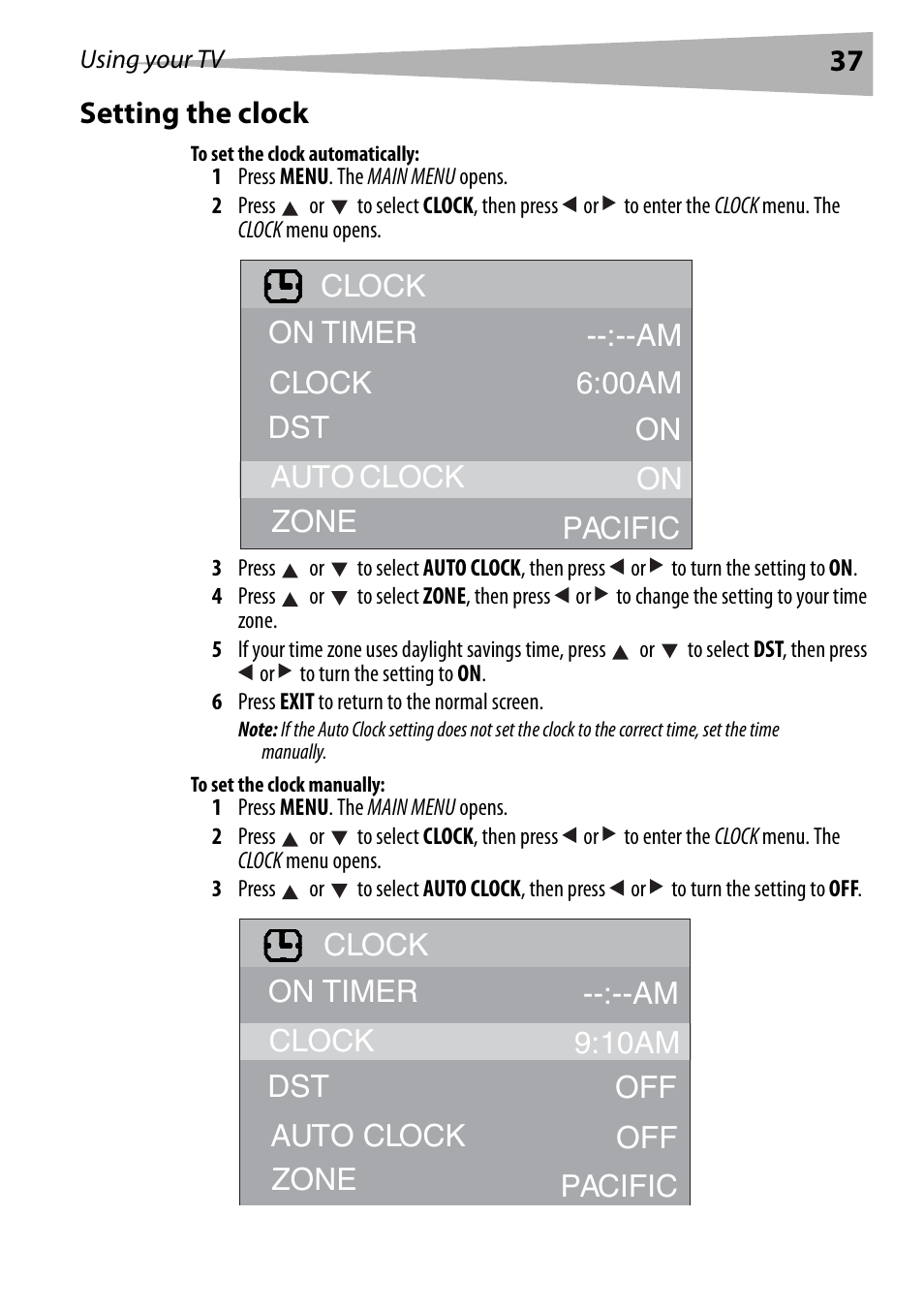 Setting the clock, To set the clock automatically, To set the clock manually | 37 setting the clock | Dynex DX-R20TV User Manual | Page 37 / 142