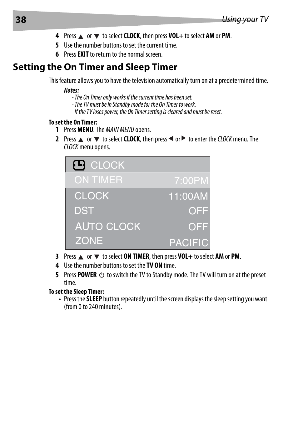 Setting the on timer and sleep timer, To set the on timer, To set the sleep timer | Clock | Dynex DX-R20TV User Manual | Page 38 / 142