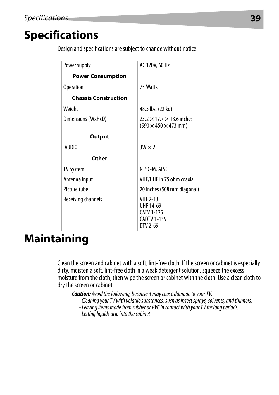 Specifications, Maintaining, Cleaning your tv | Specifications maintaining | Dynex DX-R20TV User Manual | Page 39 / 142