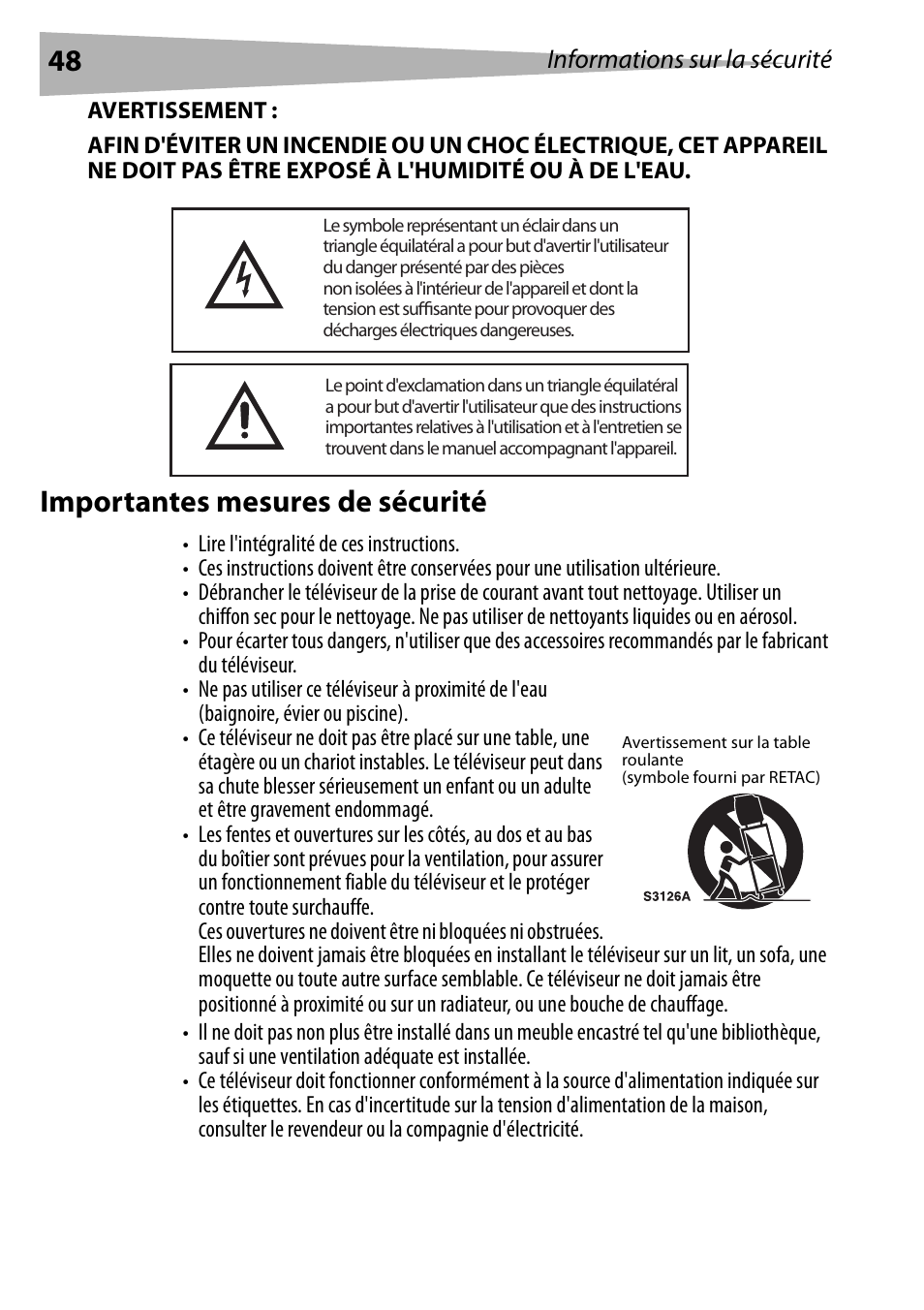 Avertissement, Importantes mesures de sécurité | Dynex DX-R20TV User Manual | Page 48 / 142