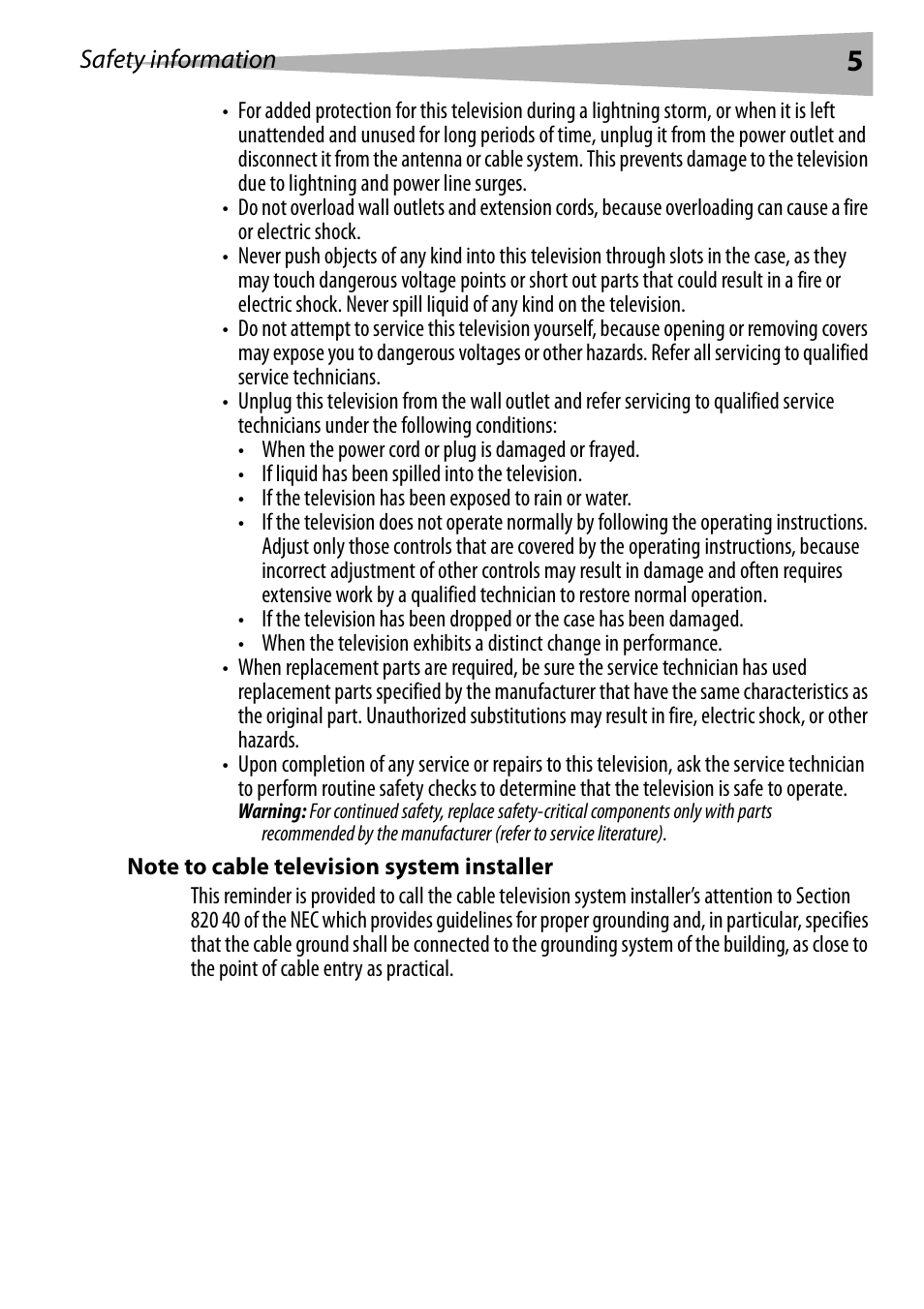 Note to cable television system installer | Dynex DX-R20TV User Manual | Page 5 / 142