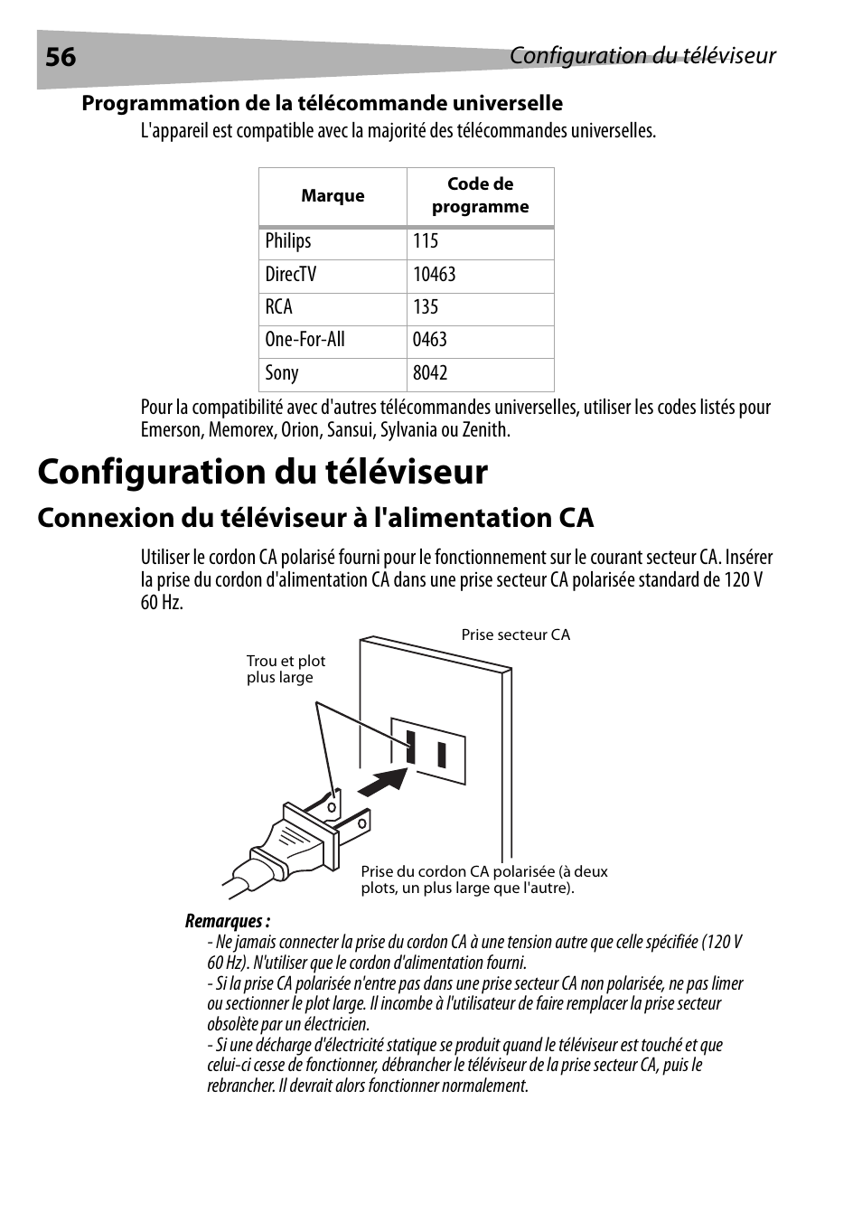 Programmation de la télécommande universelle, Configuration du téléviseur, Connexion du téléviseur à l'alimentation ca | Dynex DX-R20TV User Manual | Page 56 / 142