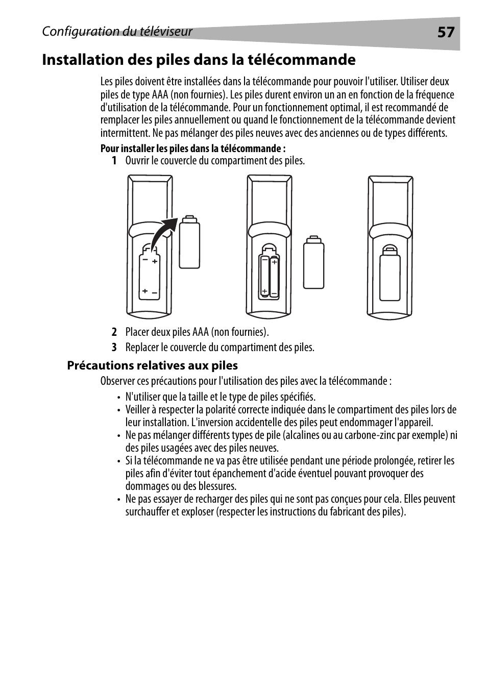 Installation des piles dans la télécommande, Pour installer les piles dans la télécommande, Précautions relatives aux piles | 57 installation des piles dans la télécommande | Dynex DX-R20TV User Manual | Page 57 / 142