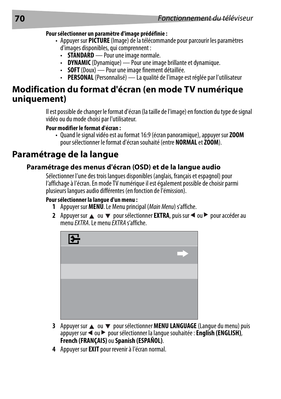 Pour sélectionner un paramètre d'image prédéfinie, Pour modifier le format d'écran, Paramétrage de la langue | Pour sélectionner la langue d'un menu | Dynex DX-R20TV User Manual | Page 70 / 142