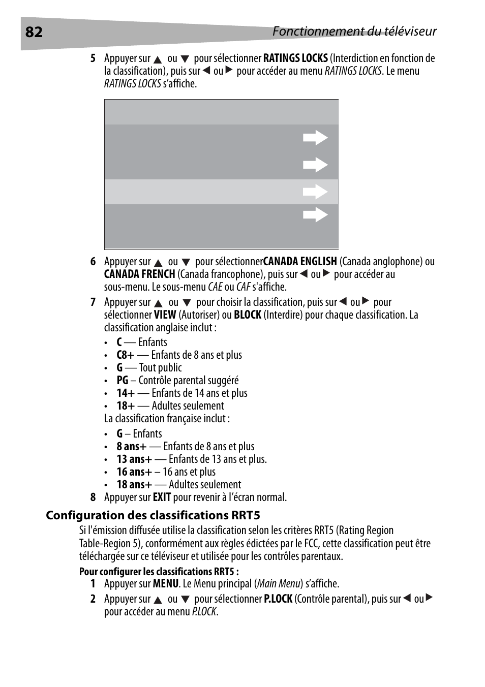 Configuration des classifications rrt5, Pour configurer les classifications rrt5 | Dynex DX-R20TV User Manual | Page 82 / 142