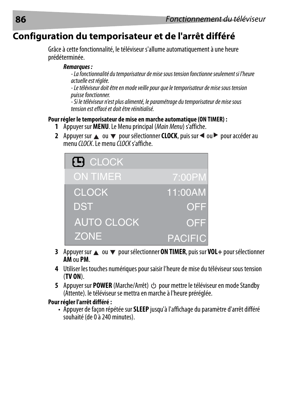 Pour régler l'arrêt différé, Clock | Dynex DX-R20TV User Manual | Page 86 / 142