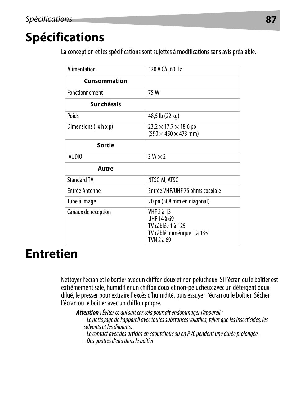 Spécifications, Entretien, Nettoyage de l’appareil | Spécifications entretien | Dynex DX-R20TV User Manual | Page 87 / 142