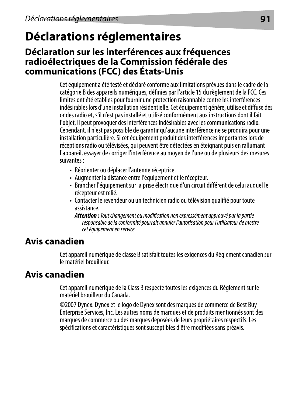 Déclarations réglementaires, Avis canadien | Dynex DX-R20TV User Manual | Page 91 / 142