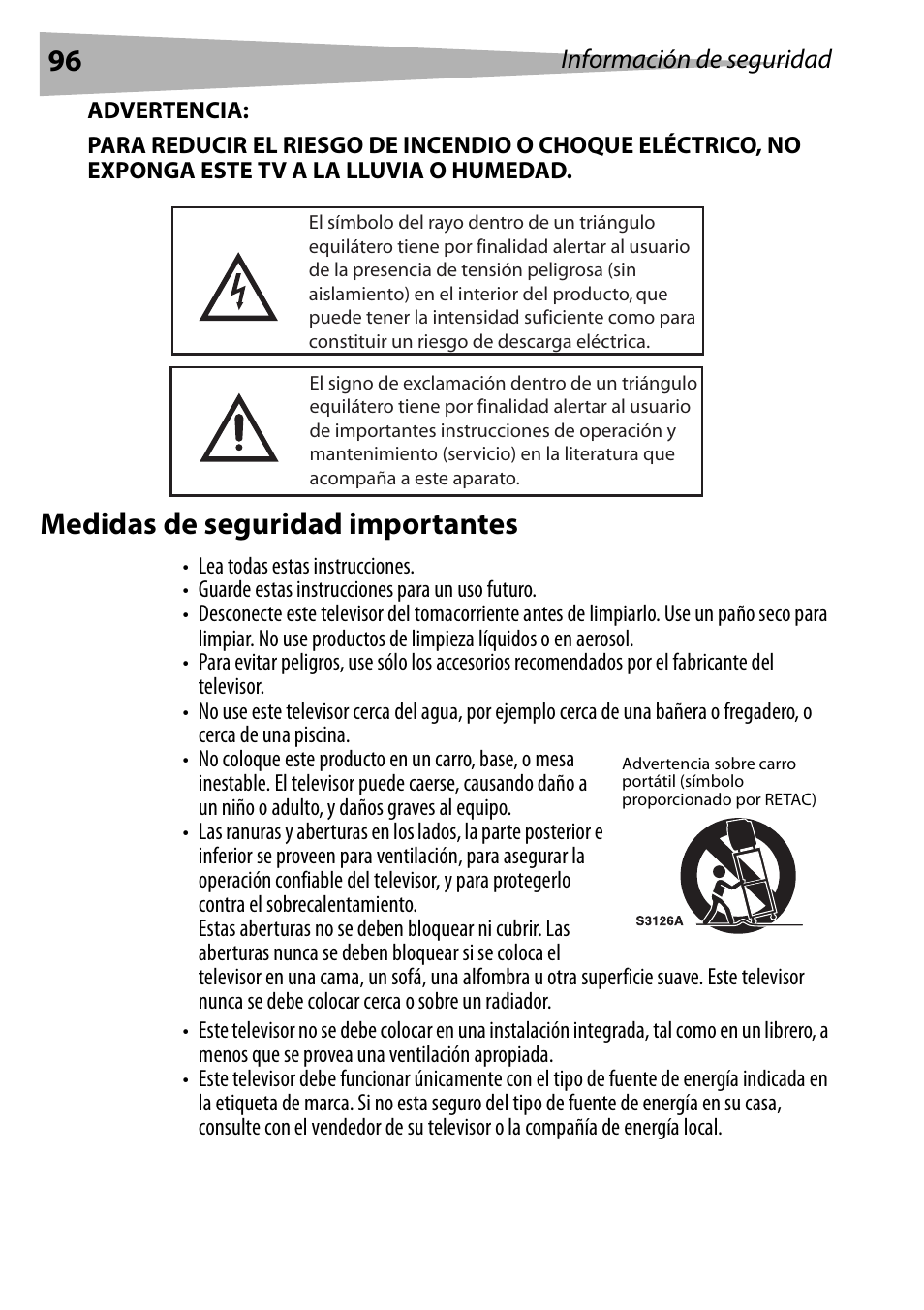 Advertencia, Medidas de seguridad importantes | Dynex DX-R20TV User Manual | Page 96 / 142