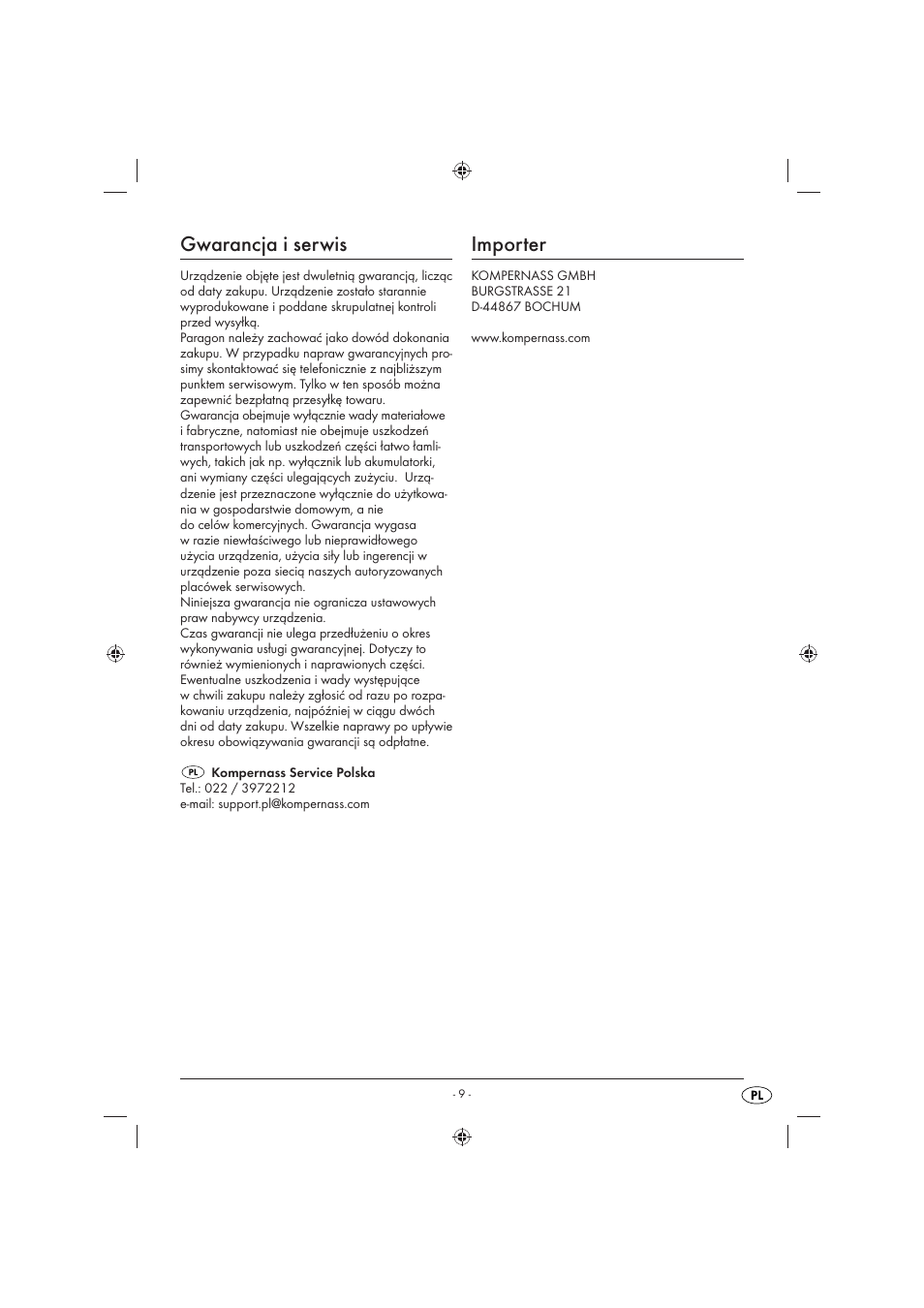 Gwarancja i serwis, Importer | Florabest KH 4236 User Manual | Page 11 / 35