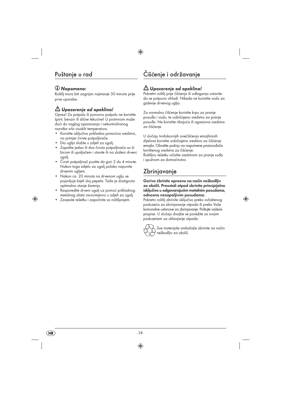 Puštanje u rad, Čišćenje i održavanje, Zbrinjavanje | Napomena, Upozorenje od opeklina | Florabest KH 4236 User Manual | Page 30 / 35