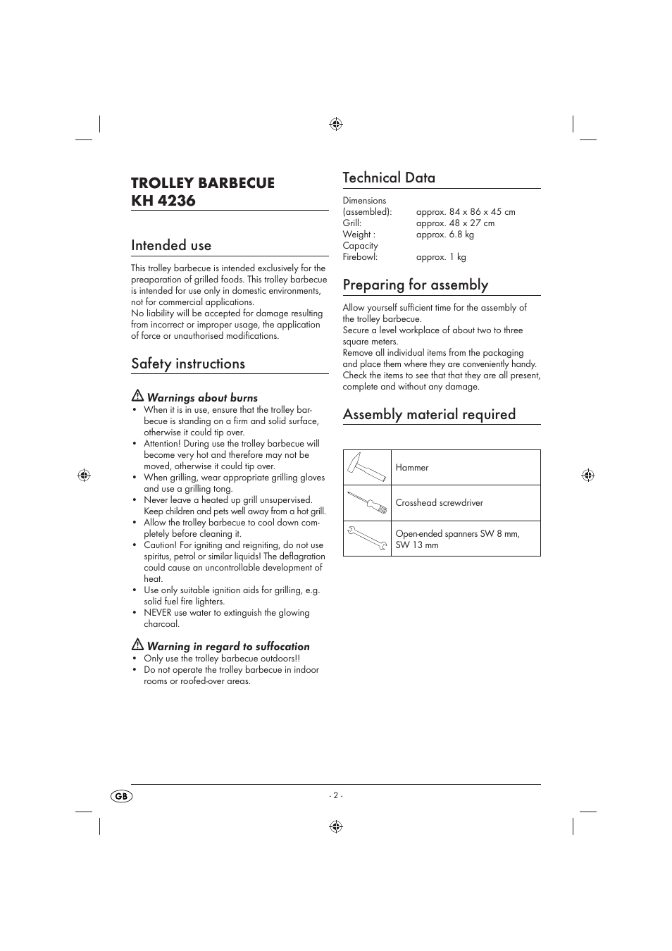 Trolley barbecue kh 4236 intended use, Safety instructions, Technical data | Preparing for assembly, Assembly material required, Warnings about burns, Warning in regard to suﬀ ocation | Florabest KH 4236 User Manual | Page 4 / 35