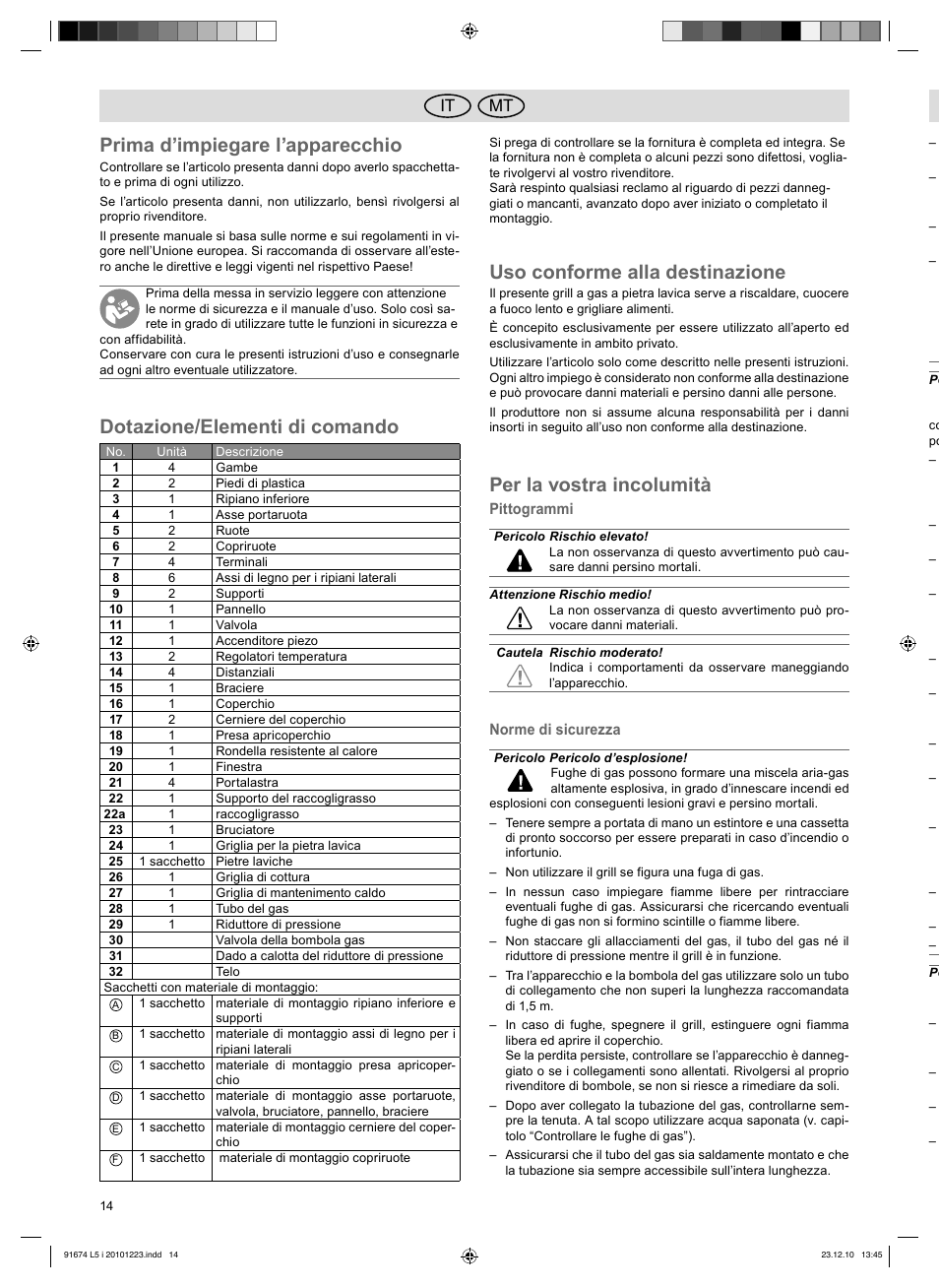 Prima d’impiegare l’apparecchio, Dotazione/elementi di comando, Uso conforme alla destinazione | Per la vostra incolumità, Mt it | Florabest 3201 User Manual | Page 14 / 42