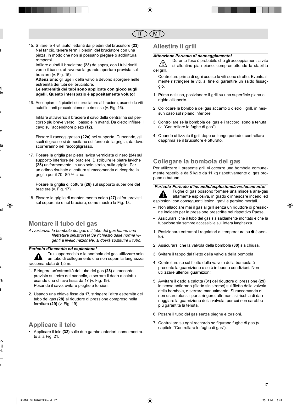 Montare il tubo del gas, Applicare il telo, Allestire il grill | Collegare la bombola del gas, Mt it | Florabest 3201 User Manual | Page 17 / 42