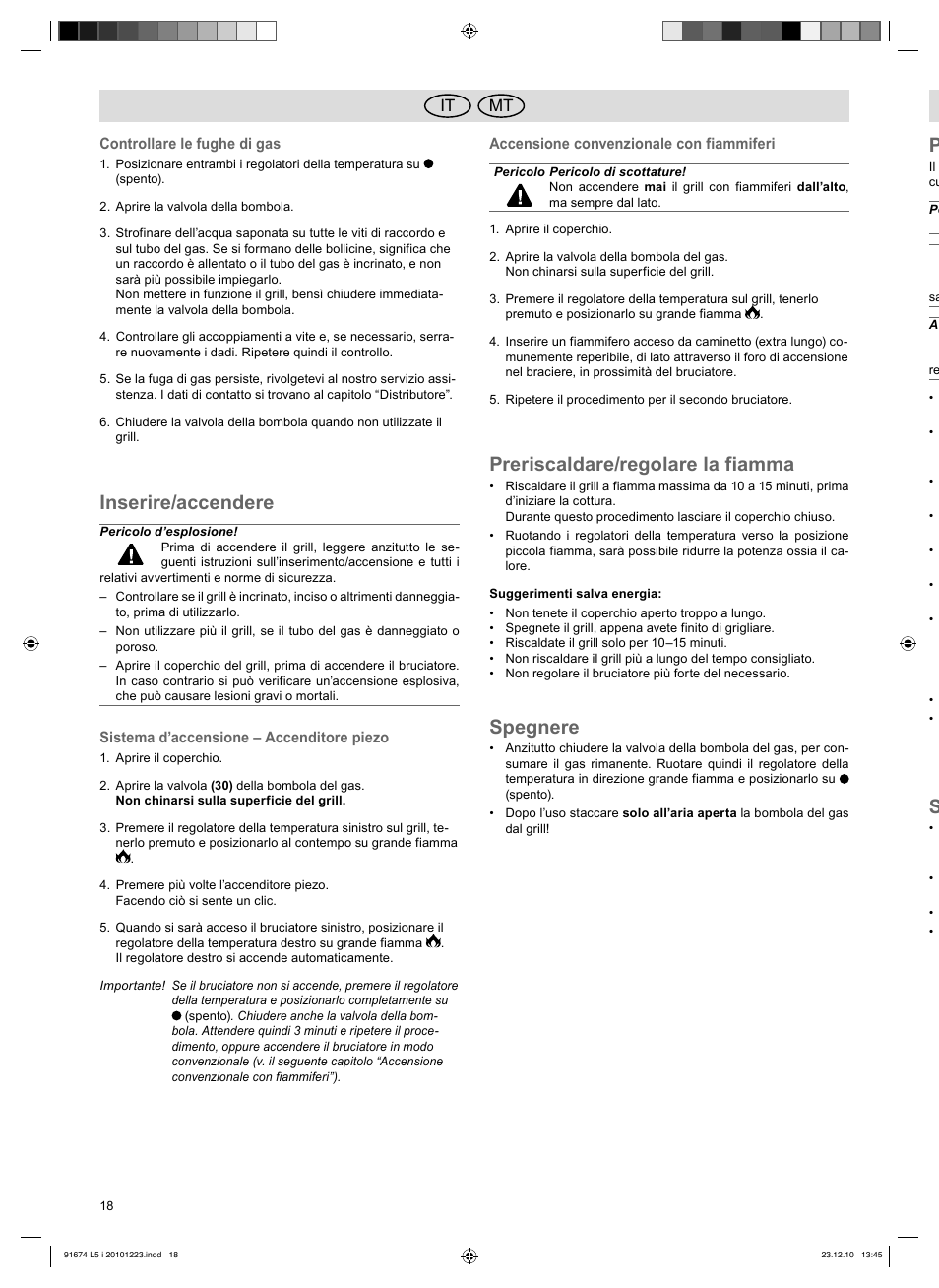 Inserire/accendere, Preriscaldare/regolare la fiamma, Spegnere | Mt it | Florabest 3201 User Manual | Page 18 / 42
