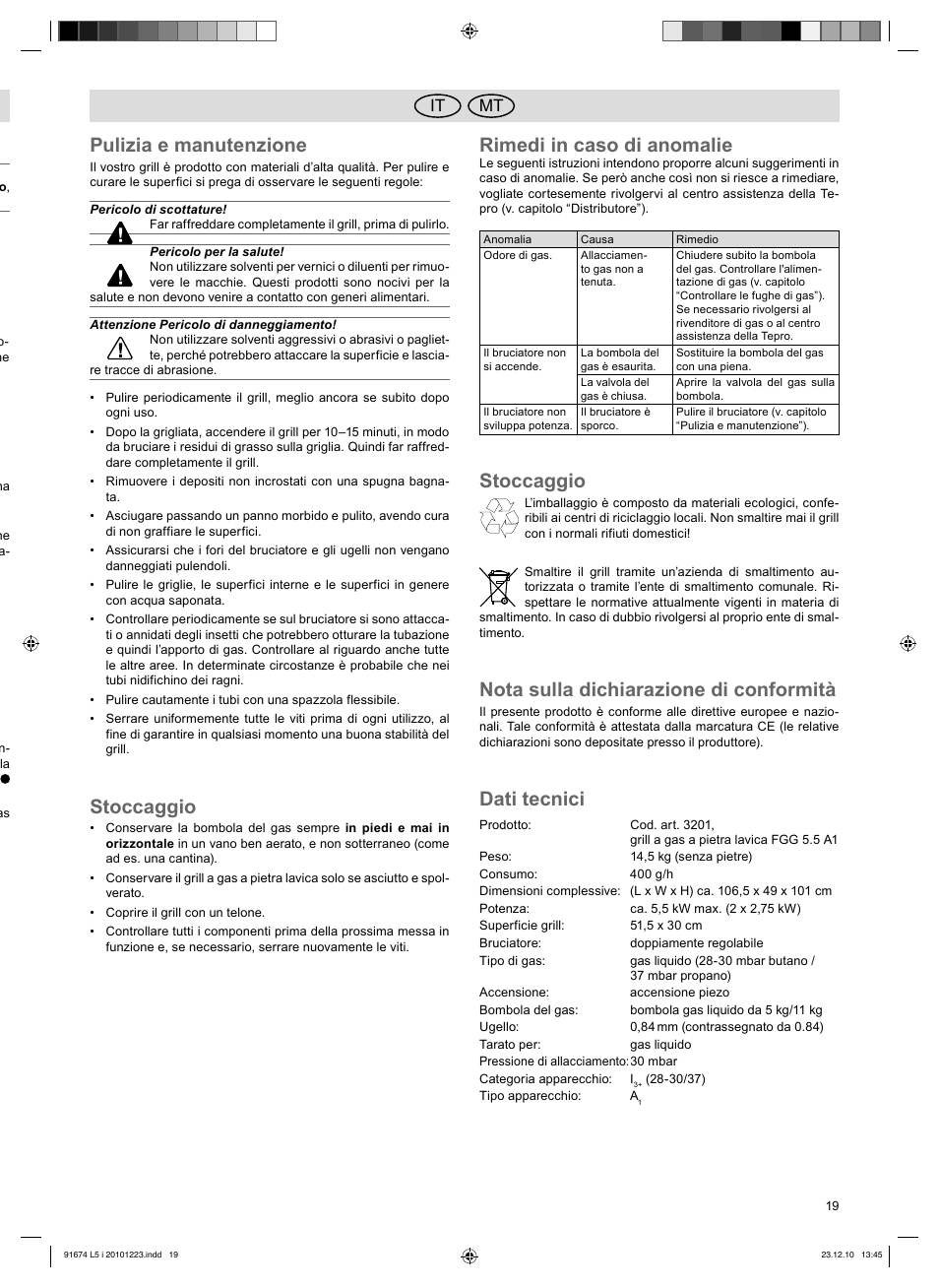 Pulizia e manutenzione, Stoccaggio, Rimedi in caso di anomalie | Nota sulla dichiarazione di conformità, Dati tecnici, Mt it | Florabest 3201 User Manual | Page 19 / 42