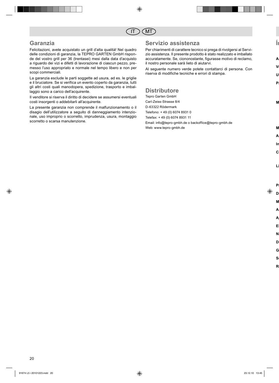 Garanzia, Servizio assistenza, Distributore | Mt it | Florabest 3201 User Manual | Page 20 / 42
