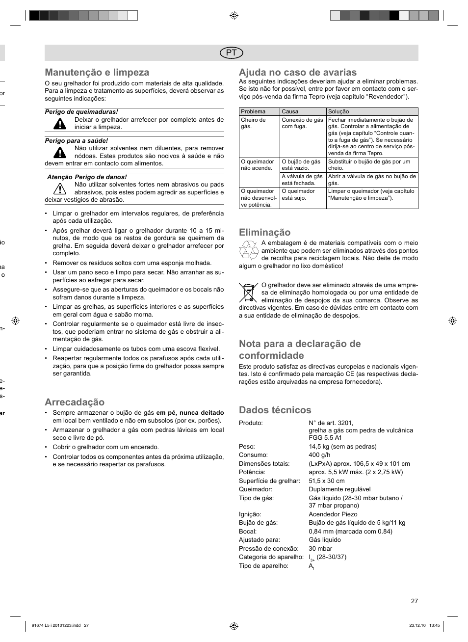 Manutenção e limpeza, Arrecadação, Ajuda no caso de avarias | Eliminação, Nota para a declaração de conformidade, Dados técnicos | Florabest 3201 User Manual | Page 27 / 42