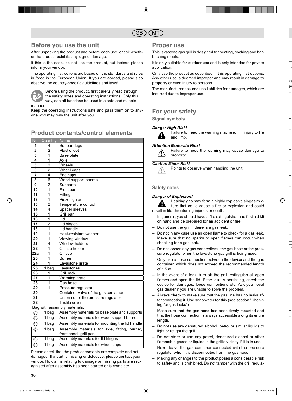 Before you use the unit, Product contents/control elements, Proper use | For your safety, Mt gb | Florabest 3201 User Manual | Page 30 / 42