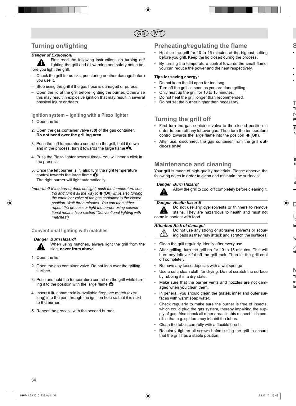 Turning on/lighting, Preheating/regulating the flame, Turning the grill off | Maintenance and cleaning, Mt gb | Florabest 3201 User Manual | Page 34 / 42