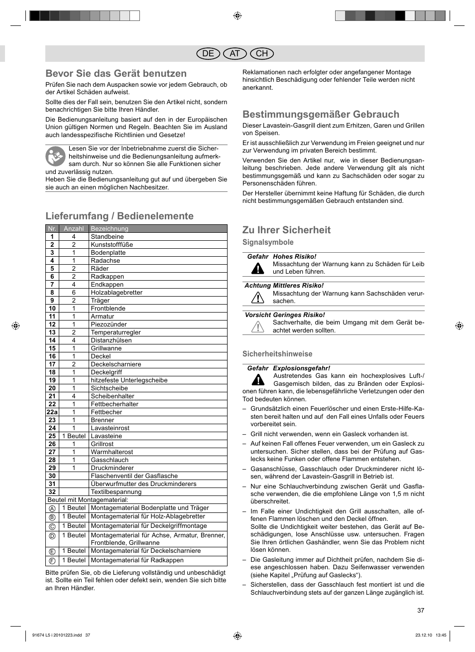 Bevor sie das gerät benutzen, Lieferumfang / bedienelemente, Bestimmungsgemäßer gebrauch | Zu ihrer sicherheit, At de ch | Florabest 3201 User Manual | Page 37 / 42