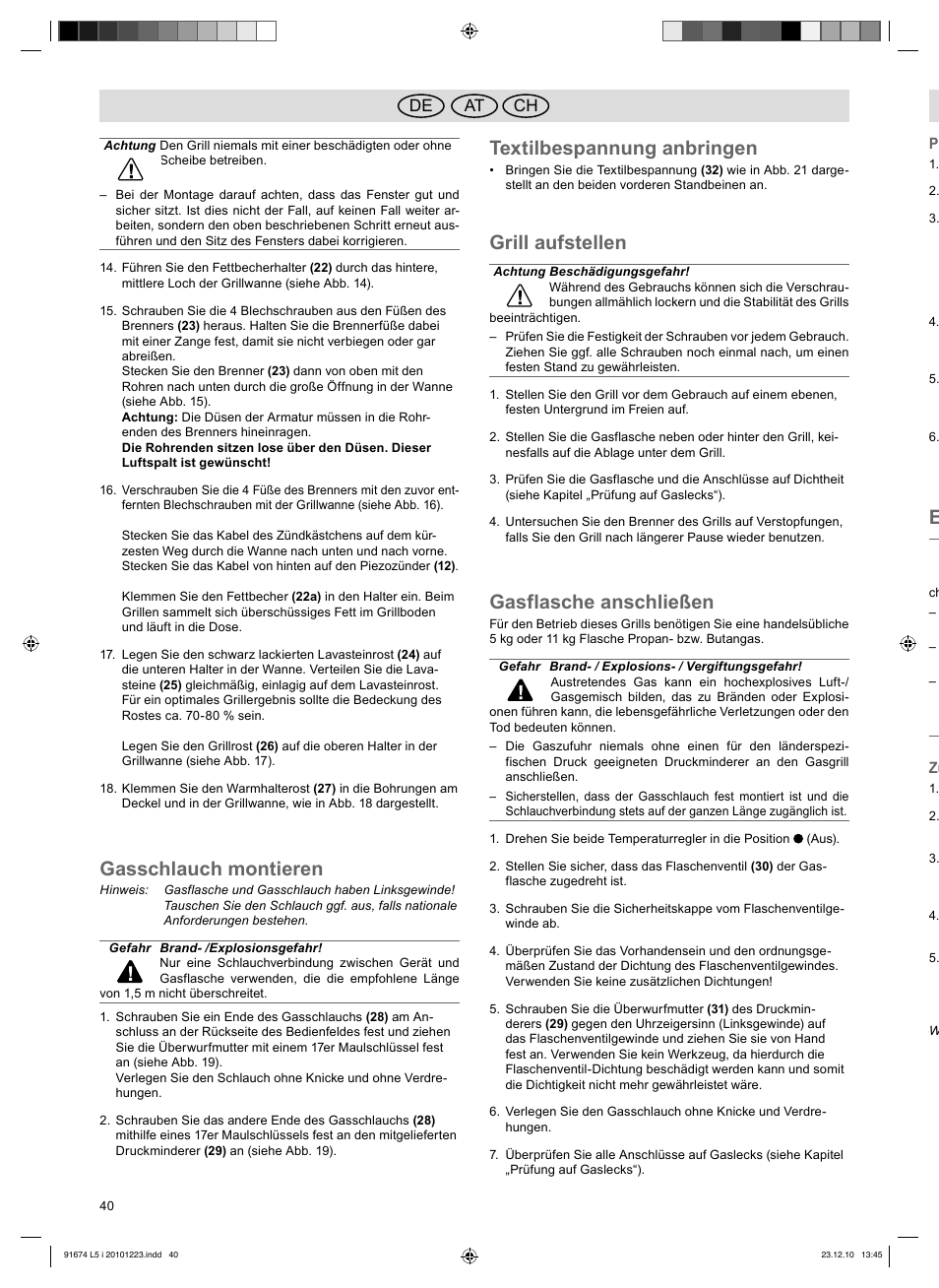 Gasschlauch montieren, Textilbespannung anbringen, Grill aufstellen | Gasflasche anschließen, At de ch | Florabest 3201 User Manual | Page 40 / 42