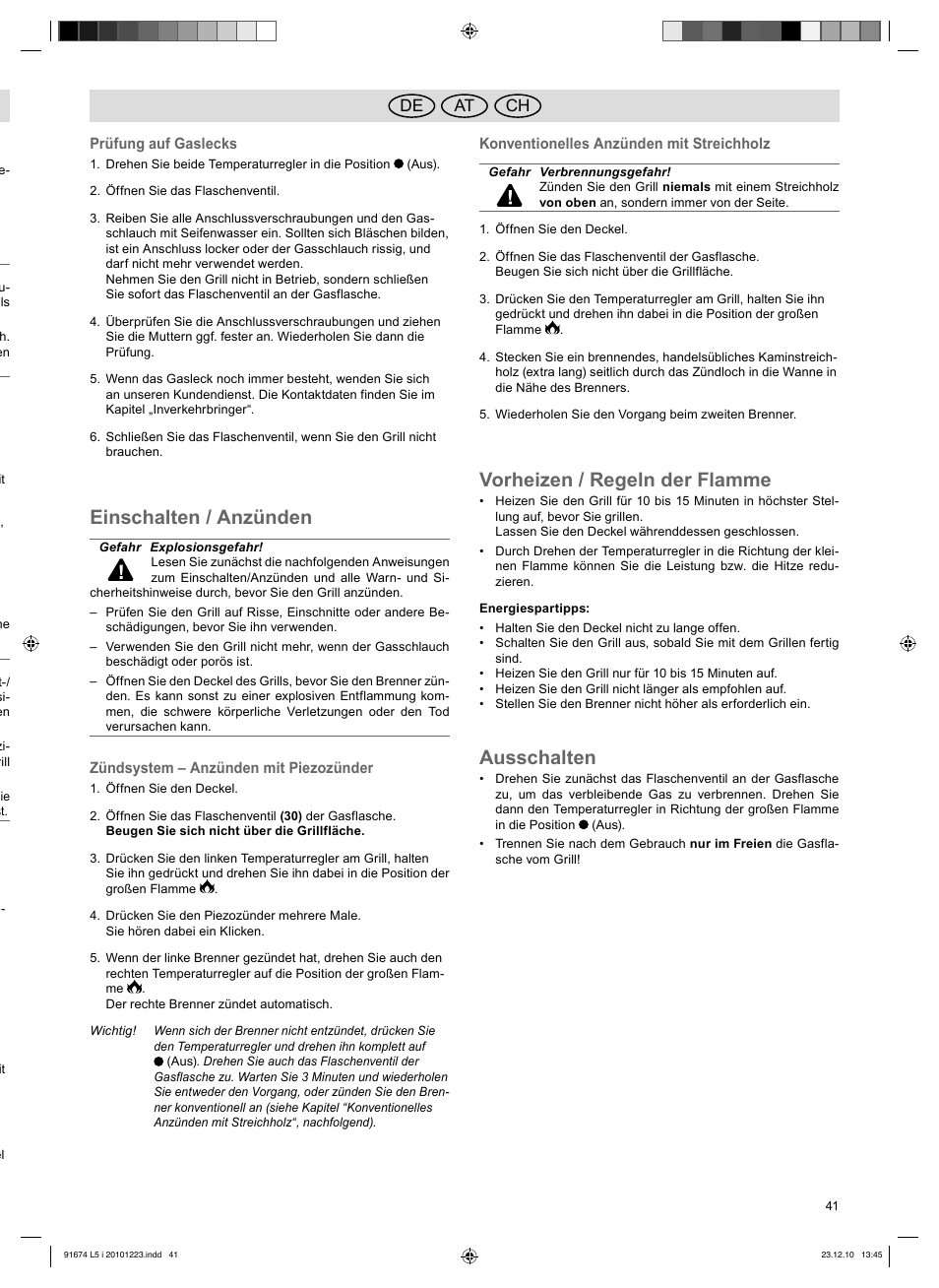 Einschalten / anzünden, Vorheizen / regeln der flamme, Ausschalten | At de ch | Florabest 3201 User Manual | Page 41 / 42