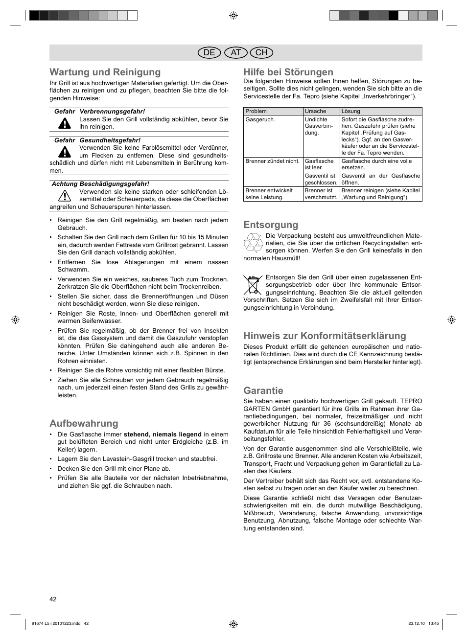 Wartung und reinigung, Aufbewahrung, Hilfe bei störungen | Entsorgung, Hinweis zur konformitätserklärung, Garantie, At de ch | Florabest 3201 User Manual | Page 42 / 42