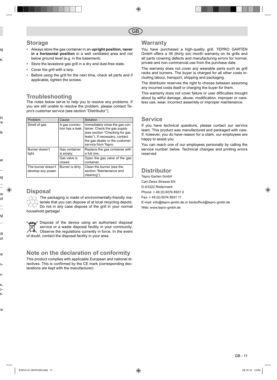Storage, Troubleshooting, Disposal | Warranty, Service, Distributor | Florabest 3201 User Manual | Page 11 / 58