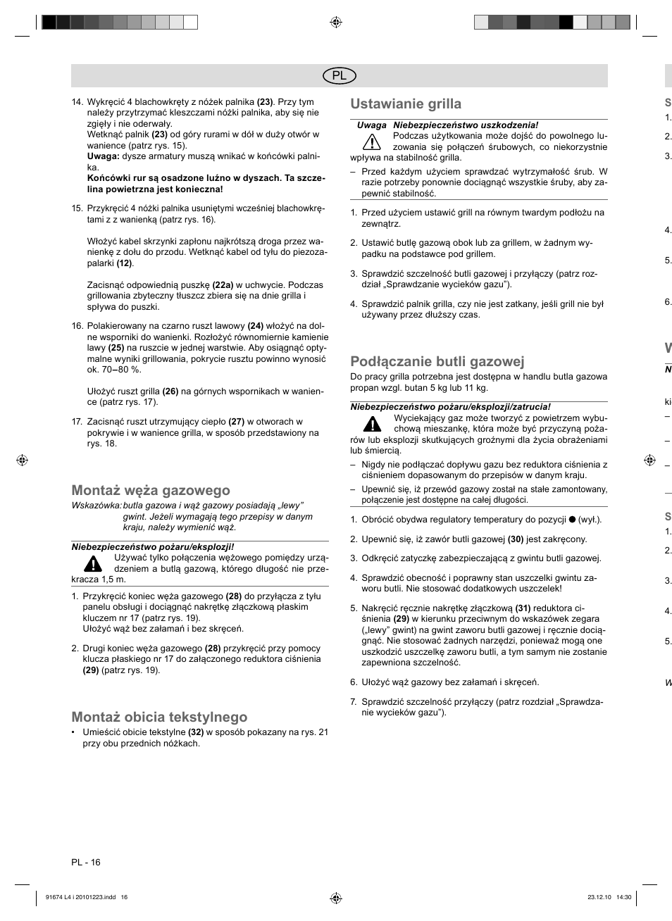 Montaż węża gazowego, Montaż obicia tekstylnego, Ustawianie grilla | Podłączanie butli gazowej | Florabest 3201 User Manual | Page 16 / 58