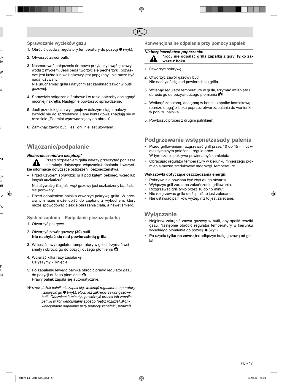 Włączanie/podpalanie, Podgrzewanie wstępne/zasady palenia, Wyłączanie | Florabest 3201 User Manual | Page 17 / 58