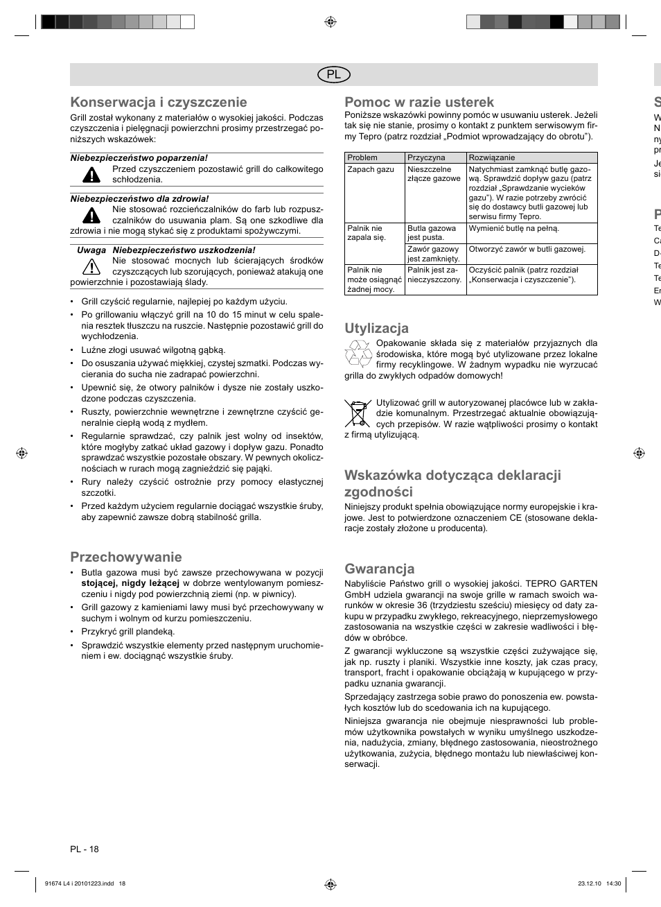 Konserwacja i czyszczenie, Przechowywanie, Pomoc w razie usterek | Utylizacja, Wskazówka dotycząca deklaracji zgodności, Gwarancja | Florabest 3201 User Manual | Page 18 / 58