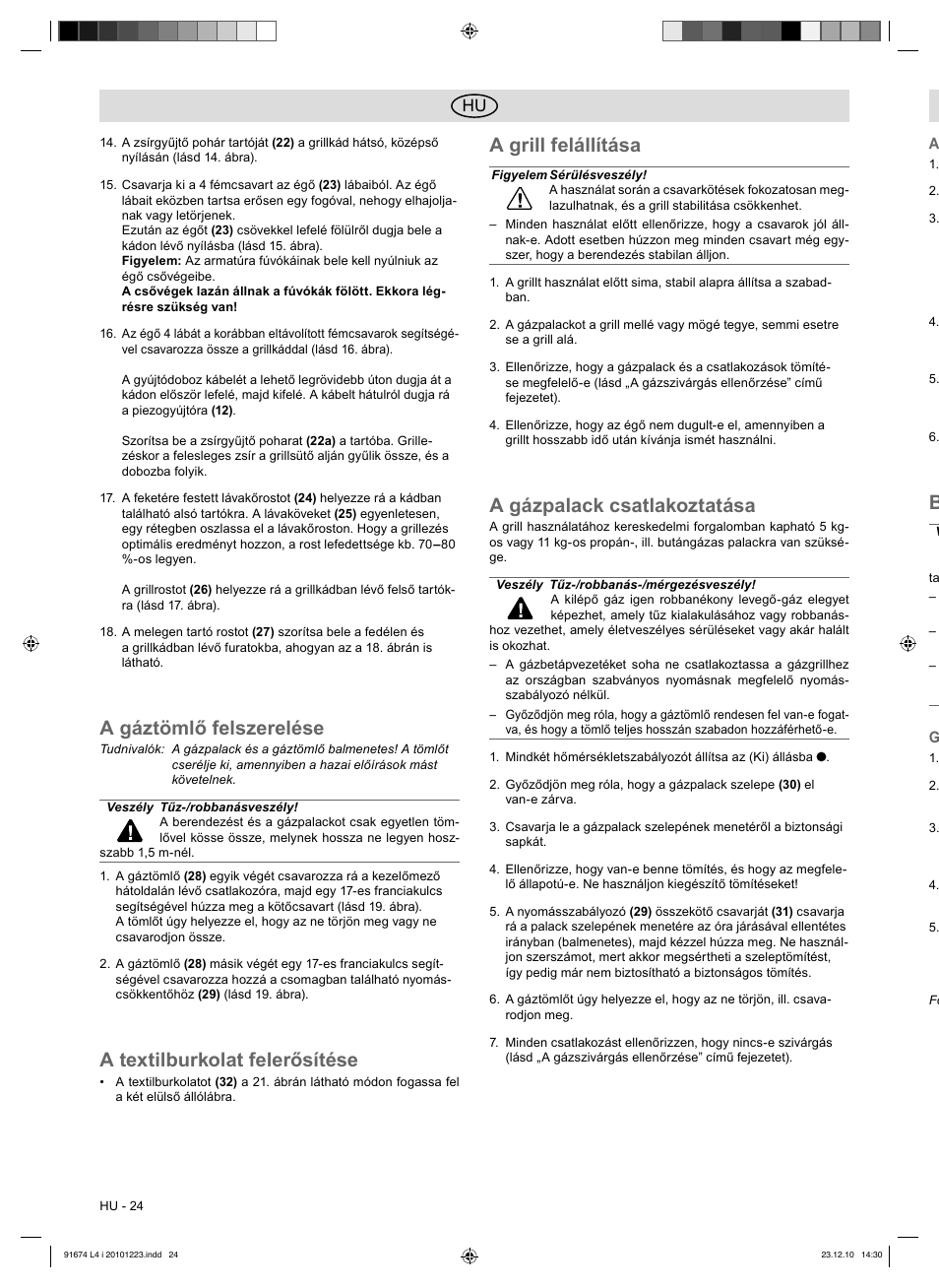 A gáztömlő felszerelése, A textilburkolat felerősítése, A grill felállítása | A gázpalack csatlakoztatása | Florabest 3201 User Manual | Page 24 / 58