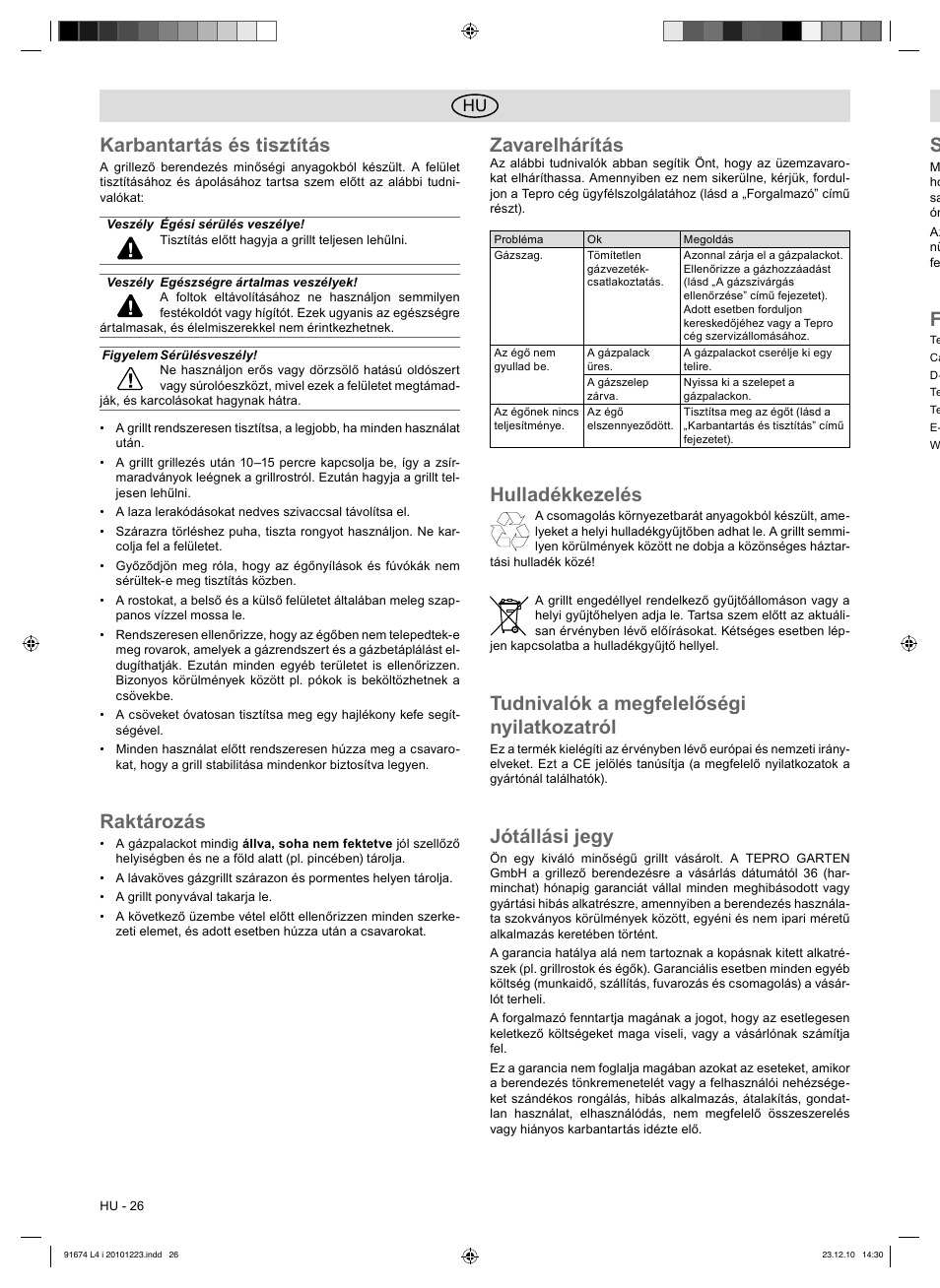 Karbantartás és tisztítás, Raktározás, Zavarelhárítás | Hulladékkezelés, Tudnivalók a megfelelőségi nyilatkozatról, Jótállási jegy | Florabest 3201 User Manual | Page 26 / 58
