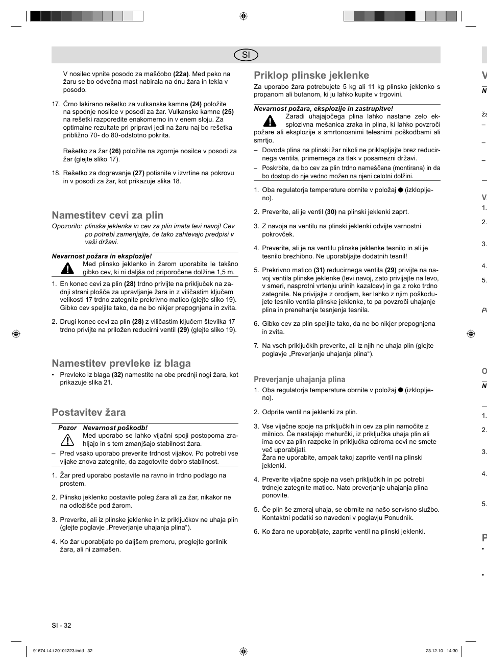 Namestitev cevi za plin, Namestitev prevleke iz blaga, Postavitev žara | Priklop plinske jeklenke | Florabest 3201 User Manual | Page 32 / 58