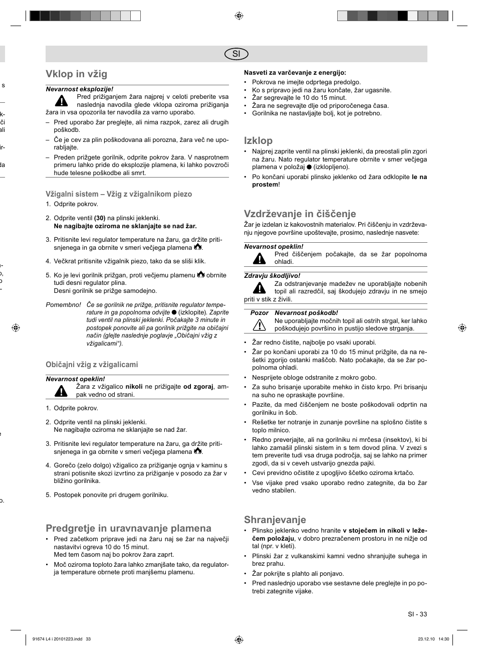 Vklop in vžig, Predgretje in uravnavanje plamena, Izklop | Vzdrževanje in čiščenje, Shranjevanje | Florabest 3201 User Manual | Page 33 / 58