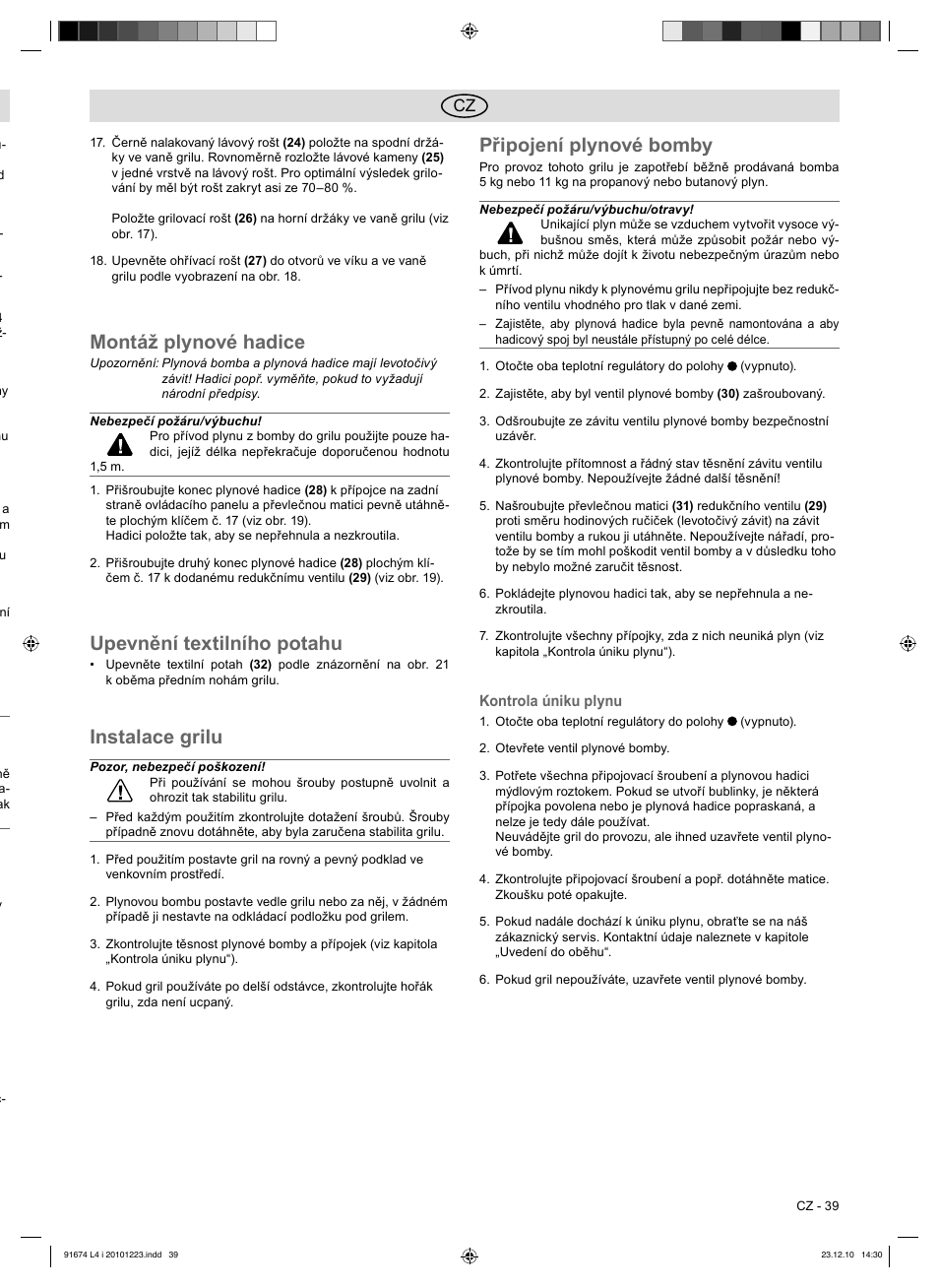 Montáž plynové hadice, Upevnění textilního potahu, Instalace grilu | Připojení plynové bomby | Florabest 3201 User Manual | Page 39 / 58